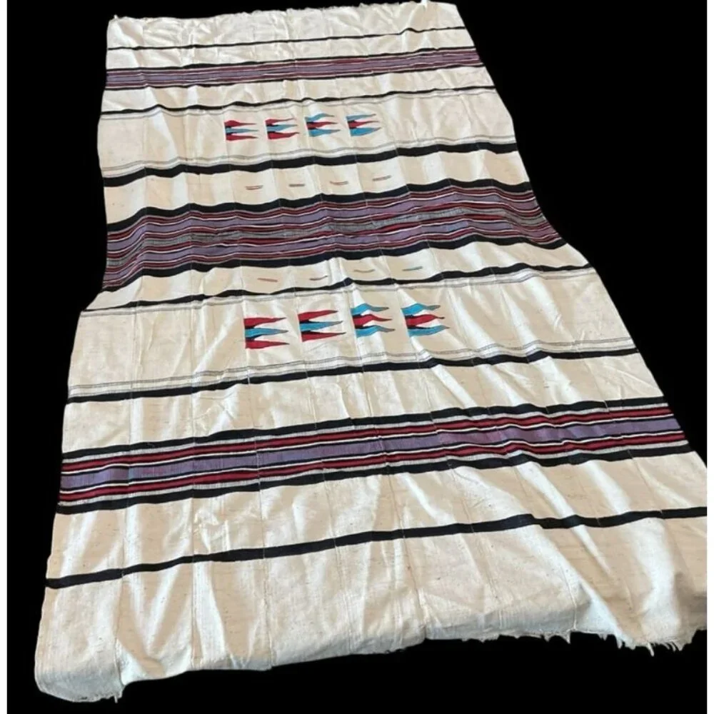 Vintage African Fulani Wedding Blanket 114” x 56”‎ Stiped Black Red Purple Cream